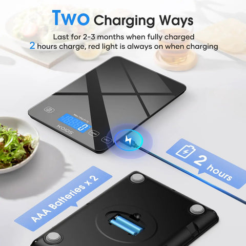 Dialed In Kitchen Scale For Precise Cooking And Baking With 33 Pound Capacity Digital Food Scale 1g 0.1oz Graduation Tare Function Type C Charging LCD Display Anti Slip Grams And Ounces Black showing two charging methods, Type-C and AAA batteries.