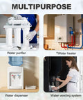 Collage showing a water purifier, water heater, water dispenser, and vending system with text 'MULTIPURPOSE'.