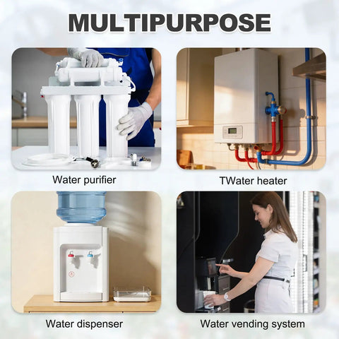 Collage showing a water purifier, water heater, water dispenser, and vending system with text 'MULTIPURPOSE'.