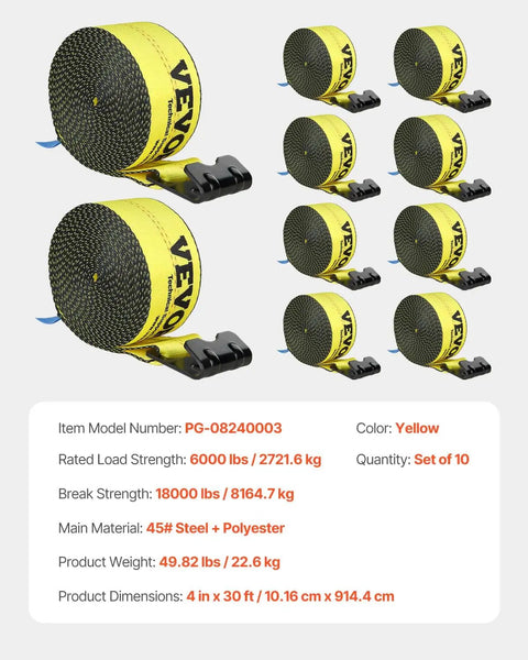 Beefy Heavy Duty Tie Down Straps 4 In By 30 Ft With Flat Hooks 18,000 Lbs Break Strength WLL 6,000 Lbs 10 Pack Cargo Straps