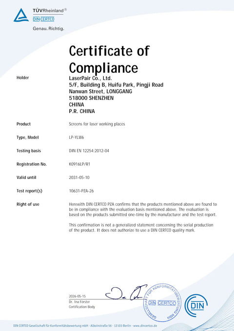 Certificate of Compliance for Heavy Duty Laser Safety Window Panel For Fiber Cutting And Engraving Built Tough At Twelve By Twelve Inches