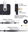 Quartz Clock Movement Replacement Kit With Long Hands And Spade Hanger 208mm 8.2 Inch, display of parts and dimensions.