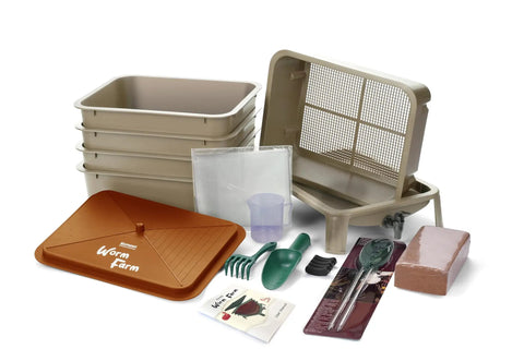 Five Tray Worm Compost Bin 53 Quart Vermicompost System For Indoor And Outdoor Use With Worm Farm Starter Kit shown with components