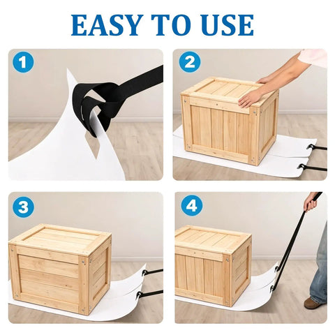 Heavy Duty 48 Inch Appliance Sliders With Reinforced Pull Handles For No Sweat Furniture Moving And Effortlessly Gliding Massive Cabinets Across Bare Wood Or Durable Tile Floors in use, showing sliding process with a wooden box.