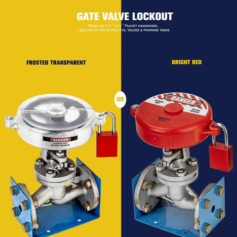 Comparison of frosted transparent vs bright red ABS gate valve lockouts with padlock for 2.5-5 inch handles, OSHA compliant.