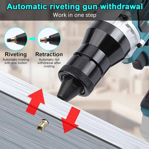 Heavy Duty Cordless Rivet Nut Gun Electric Automatic Puller With Rechargeable 5200mAh Battery For M3 To M12 Fasteners showing automatic riveting function.