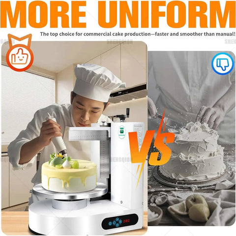 Chef using Automatic Cake Icing Spreading Machine With 200W Copper Motor Bidirectional Spin LCD Touch Panel Frost Cakes 4 To 12 Inches Like A Pro Pro Grade Decorating Tool For Home Bakers And Shops Even Frosting Every Time in kitchen