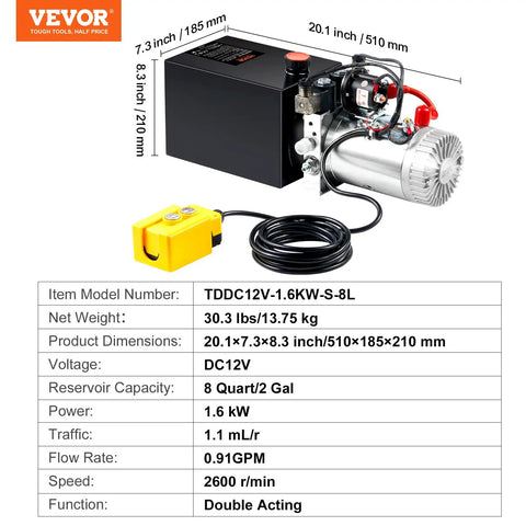 8 Quart Hydraulic Power Unit With Double Acting Pump 12V DC Motor, metal oil reservoir, wired control, for dump trailers, side view