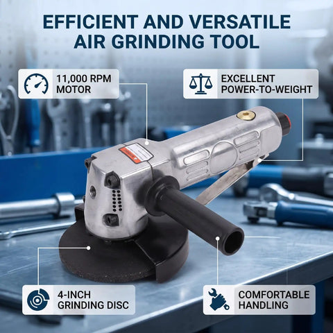 Air Powered 4 Inch Angle Grinder 11000 RPM Lightweight Frame With Solid Grip Quick Material Removal For Grinding Polishing Cutting And Sanding No Fuss Jobsite Workhorse Rig with 4-inch grinding disc.