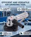 Battle Tested 4 Inch Pneumatic Angle Grinder Spits Out 11000 Rpm Of Blazing Air Power For Quick Cut Work On Any Job Site with 4-inch disc.