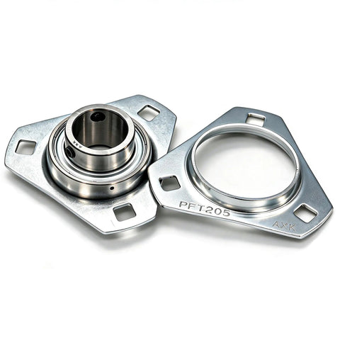 One Inch Setscrew Locking Three Bolt Flange Bearing Housing With Stamped Steel Shell And Tough Chrome Steel Core For Farm Augers And Conveyor Rollers Rock Solid Seamless Swap Upgrade with chrome finish and black core.