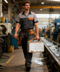 Man in work attire carrying Tough As Nails Heavy Duty Assorted Hex Nut And Bolt Kit Packed With 626 Pieces Grade 8.8 High Tensile Steel.