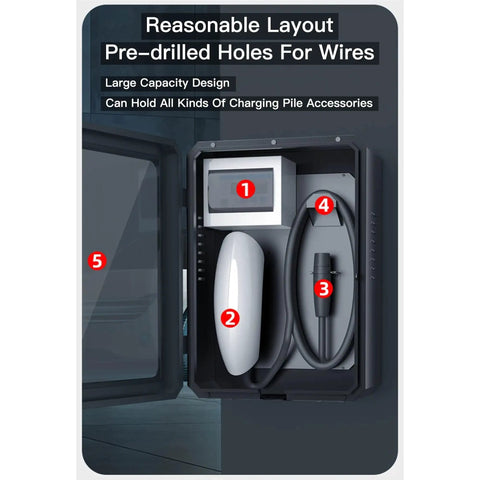 Heavy Duty Weatherproof EV Charger Lock Box With Key Ultimate Outdoor Armor For Electric Vehicle Charging Cables And Plugs Secure Daily Driver Shield interior layout with pre-drilled wire holes and charging accessories.