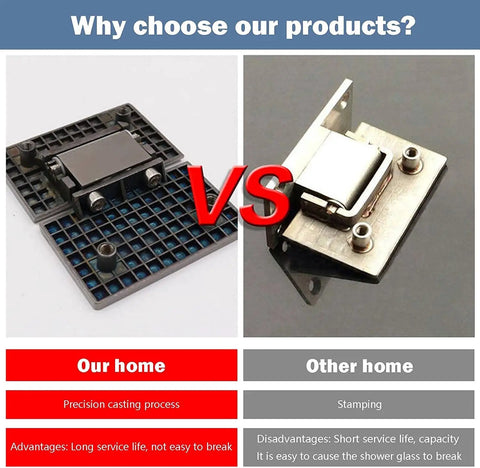 Ultra Heavy Duty Shower Glass Door Hinges Matte Black Two Way Pivot Hardware Built Different For Frameless Bathroom Doors 8 To 12 Millimeter Thick comparison image showing advantages of precision casting vs stamping process.