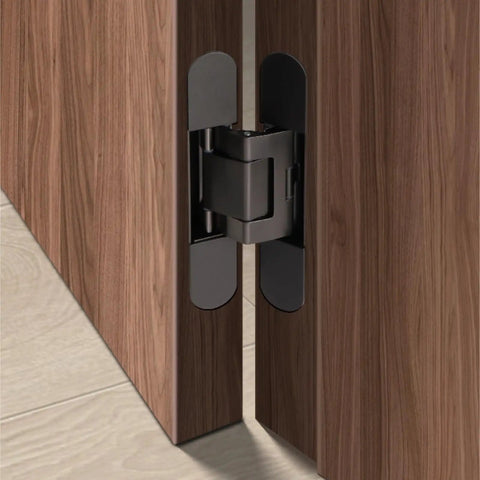 Close-up view of Heavy Duty Hydraulic Buffer Hinge With Invisible Hidden Spring for Automatic Soft Close, installed on wooden doors.