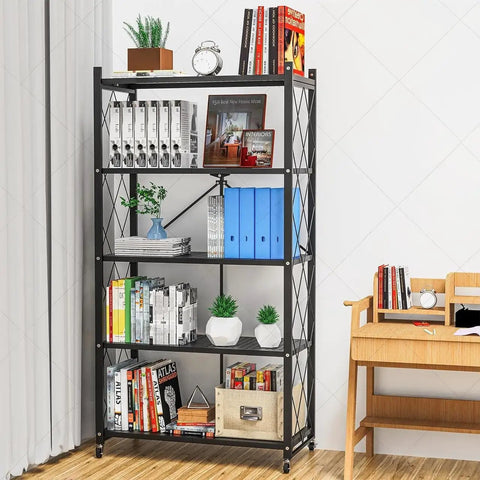 Rock Solid Metal Shelving Unit With Wheels Five Tier Folding Storage Rack Built Tough For Garage Or Shop Rust Proof Steel Frame with books and plants.