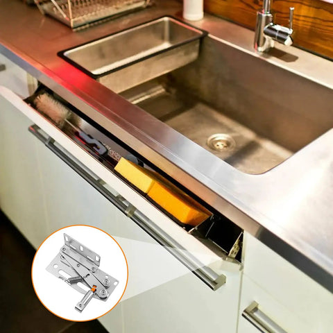 Heavy Duty Soft Close Tip Out Tray Hinges With Smooth Damping Action For Kitchen Sink Cabinets shown installed under sink.