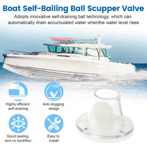 Boat on water with self-bailing ball scupper valve and self-draining features highlighted. Self Bailing Boat Scupper Drain Valve Ball Universal Fit.