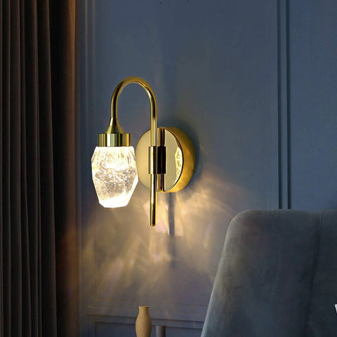 Modern Double Head LED Wall Sconce Rock Solid Hardware Body and Prismatic Crystal Details. Gold finish with crystal shade, perfect for bedroom.
