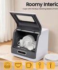 Compact Countertop Dishwasher Featuring Three Wash Modes Quick Standard And Intensive Plus Built In Fruit Washer showing a roomy interior with dishes.