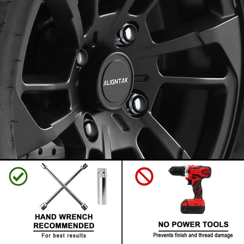 Top Tier Chrome Lug Nuts 20 Pack M12x1.25 Thread on a black wheel with visible lug nuts and instructions against power tools.
