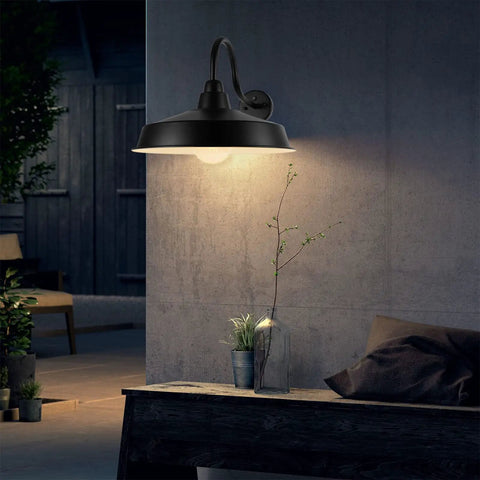 Dusk To Dawn Outdoor Barn Light 16 Inch Dome Exterior Wall Mount Fixture Black 1 Pack Industrial Farmhouse Sconce at night