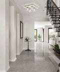 Flush Mount Crystal Ceiling Light With 4 LED Bulbs Brushed Nickel Finish Clear Glass Shade No Fuss Modern Sleek Ceiling Fixture installed in elegant hallway.