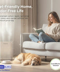 Woman reading on couch next to air purifier with sleeping dog, promoting pet-friendly odor-free home with PUREBURG solution