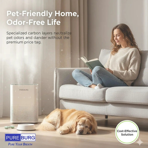 Woman reading on couch next to air purifier with sleeping dog, promoting pet-friendly odor-free home with PUREBURG solution