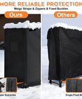 Comparison of Heavy Duty Outdoor Firewood Rack With Weatherproof Cover showing two styles with snow protection