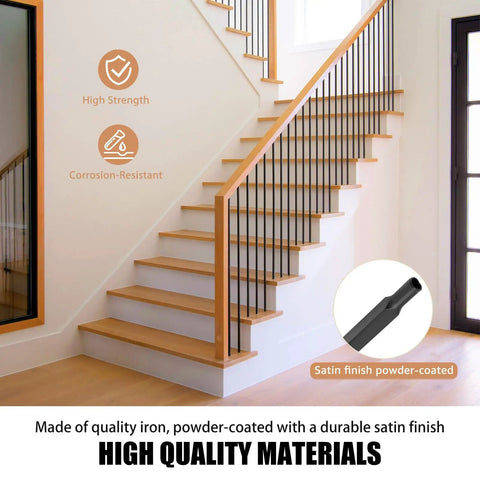Top Shelf 30 Pack Of 44 Inch Wrought Iron Balusters With Badass Satin Black Finish Straight Metal Bar Spindles For Deck Railing And Staircase Built Like A Tank Zero Rust installed in a staircase.