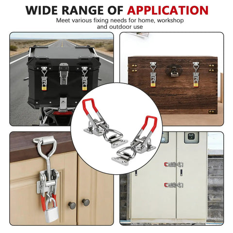 Two Pack 4001 Toggle Latch Clamp With Lock Hole In 304 Stainless Steel Adjustable Draw Latch Holds 330 Lbs Heavy Duty And Includes Ten Screws For Tool Box Trunk Cupboard Door Garage DIY Projects, shown in various applications including trunks and cabinets.