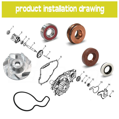 Hella Durable Water Pump Assembly With Billet Aluminum Impeller Upgraded Bearing And Heavy Duty Backside Seal For Polaris Sportsman Ranger And RZR Offroad Rigs 2002 To 2014 installation drawing with components and assembly parts.