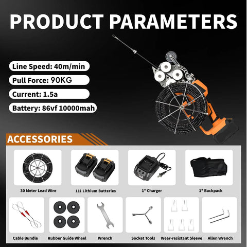 Heavy Duty Automatic Wire Stringing Machine With Adjustable Electric Fish Tape Tool showcasing product parameters and accessories.