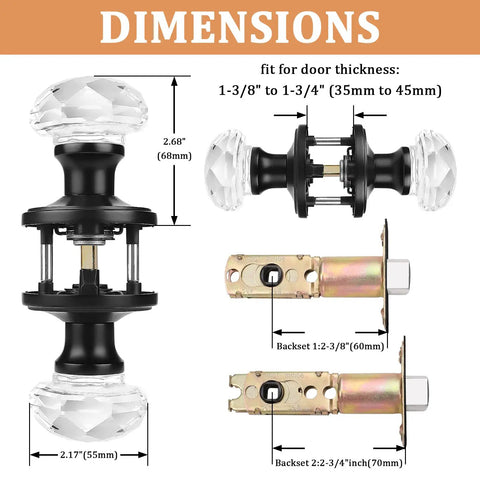 5 Pack Crystal Glass Passage Door Knobs Set With Flat Black Zinc Alloy Rosettes Nonlocking Interior Door Handles showcasing dimensions