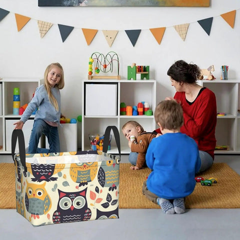 Rock Solid Rectangular Storage Basket With Handles For Shelf Organization Hella Durable Waterproof Oxford Cloth Dope Cartoon Owl Design in children's playroom.