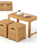 Acacia Wood Outdoor Coffee Table With Stools Three Piece Patio Set With Hidden Storage, solid acacia wood, balcony or garden use