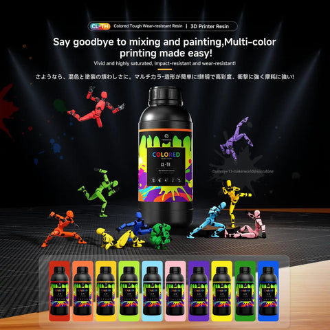 Top Shelf Tough Abs Like 3D Printer Resin In Pure Blue with colorful resin bottles and action figures, showcasing vibrant details.