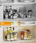 Clear Two Pack Rotating Lazy Susan Turntable For Kitchen Cabinets And Fridge Shelves Smooth Swivel Action Makes Your Pantry And Countertop Storage A Total Game Changer before and after comparison of organized pantry shelf.