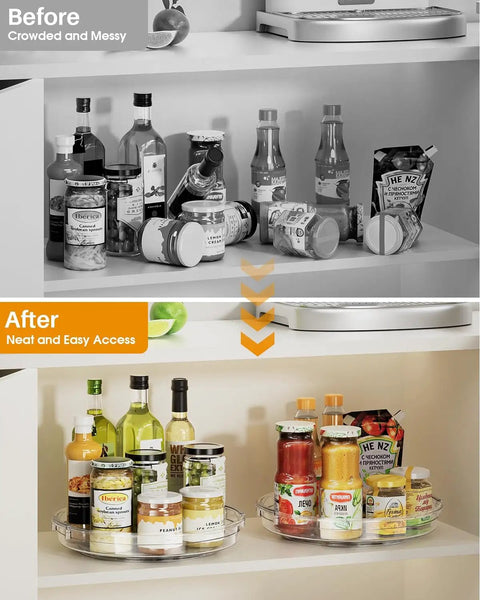 Clear Two Pack Rotating Lazy Susan Turntable For Kitchen Cabinets And Fridge Shelves Smooth Swivel Action Makes Your Pantry And Countertop Storage A Total Game Changer before and after comparison of organized pantry shelf.