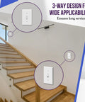 Toggle Light Switch For 3 Way Or Single Pole Circuits shown on wall near staircase, 15A, 120-277V, white finish, UL listed.