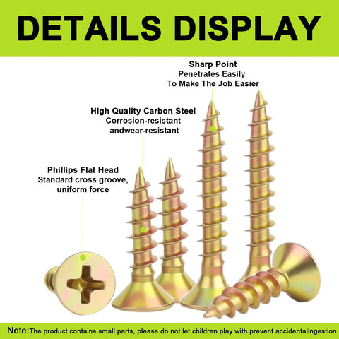 Tough As Nails 4 Wood Screws Assortment Kit Includes 420 Flat Head Fasteners made of carbon steel with sharp points for easy penetration.