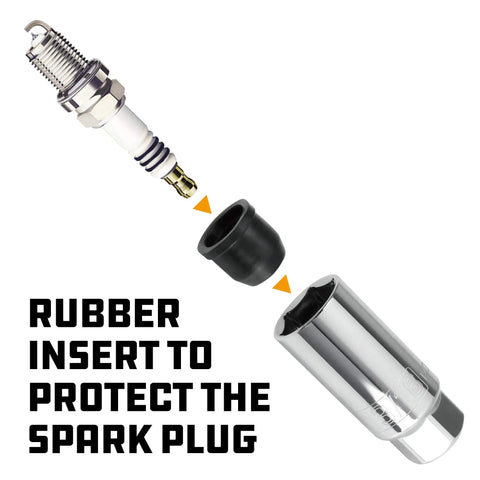 Three Eighth Inch Drive Spark Plug Socket Set with rubber insert and spark plug, chrome vanadium, gray finish for vehicle use.
