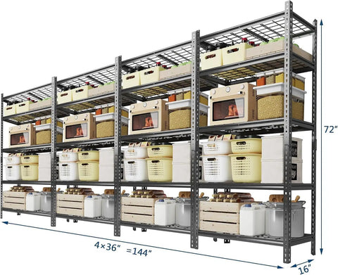 Tough As Nails Heavy Duty Metal Shelving Unit 5 Adjustable Tiers 36X16X72 Inch Garage Storage Rig filled with baskets and containers.