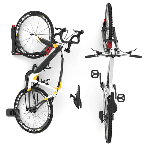 No Sweat Swivel Wall Mount Bicycle Rack With Rock Solid U Shaped Wheel Cradle Hanger holding two bikes on wall, showcasing secure storage.