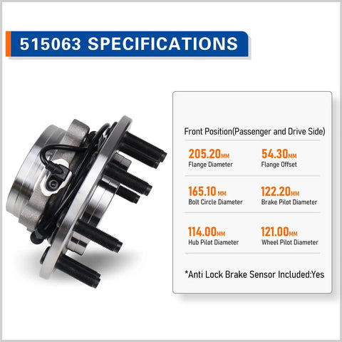 Knockout Quality Straight Up Front Pair Wheel Hub And Bearing Assembly Fits 2000 To 2002 Dodge Ram 2500 3500 4WD 8 Lug Setups With Abs Sensors Crafted For Rough Roads And Easy Installation 515063 specifications for hub dimensions.