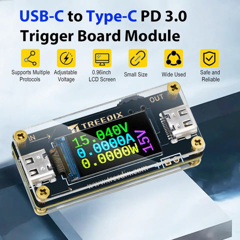 Slick Plug And Play Usb Type C Pd Trigger Module With Dial It In Voltage Setting From Five To Twenty Volts And Steady Five Amp Output Packing Real Time Lcd Readouts For Quick Repair Work displayed on a black trigger board with a 0.96 inch LCD screen.