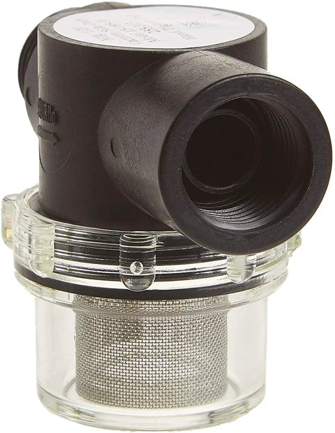 Black and transparent Inline Strainer 255-213 Half Inch MNPT To FNPT For 2088 Series Pumps Rugged Debris Filter with visible mesh