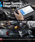OBD2 Touchscreen All In One Diagnostic Scanner For Cars And Trucks With 16 Resets Including EPB Relearn Throttle Relearn Crank Sensor SAS BMS TPMS CAN FD And More Engine ABS SRS Transmission Diagnostics Tool showing system diagnostics for engine, SRS, ABS, and transmission in a car garage setting.