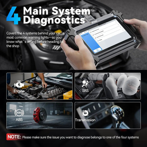 OBD2 Touchscreen All In One Diagnostic Scanner For Cars And Trucks With 16 Resets Including EPB Relearn Throttle Relearn Crank Sensor SAS BMS TPMS CAN FD And More Engine ABS SRS Transmission Diagnostics Tool showing system diagnostics for engine, SRS, ABS, and transmission in a car garage setting.